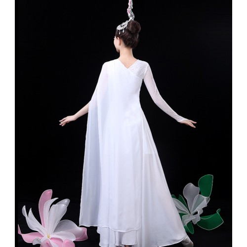 Women's chinese folk dance dress ancient lotus pattern traditional classical modern dance fairy stage performance dress